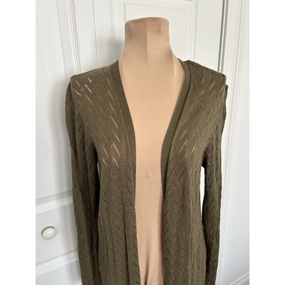 DR2 Open Front Lightweight Open Weave Olive Green Long Cardigan Sweater Size S - Picture 2 of 6